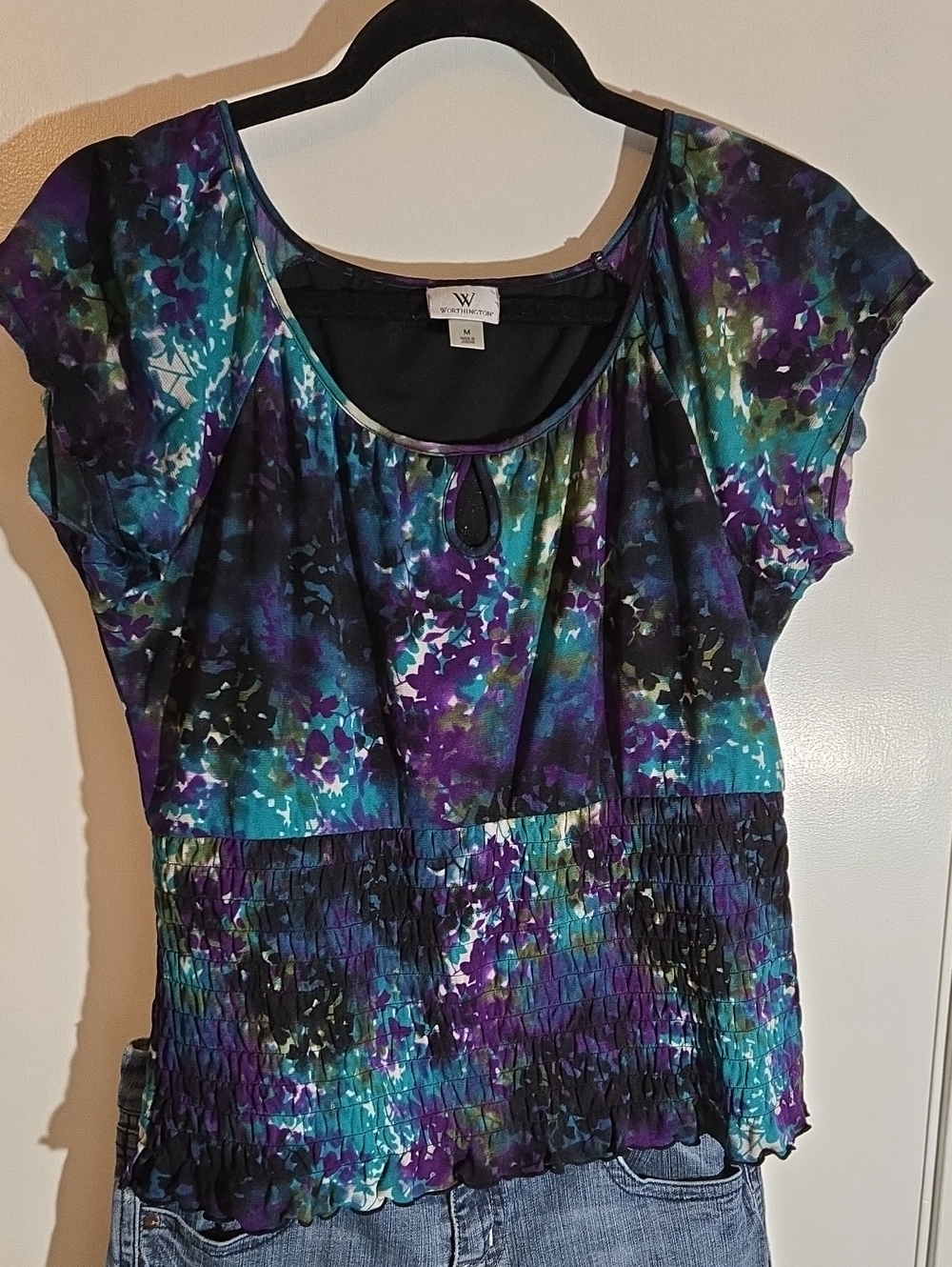 Worhington Teal Purple and Black Floral Smocked Cap-Sleeve Blouse